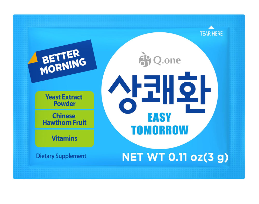 Q.one Easy Tomorrow Fresh packet open showing powder ready to mix