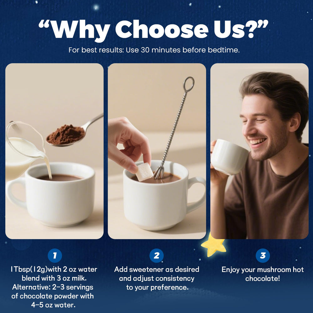 QIN SHAN TANG Mushroom Hot Chocolate ingredients illustration emphasizes 10-mushroom blend