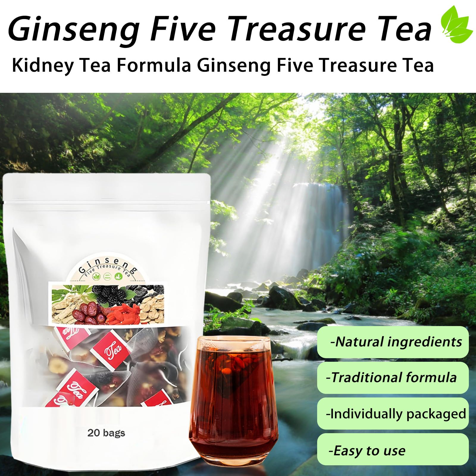 Qiuumey Ginseng Five Treasures Tea brew cup reveals mellow, sweet flavors from red dates and mulberries.