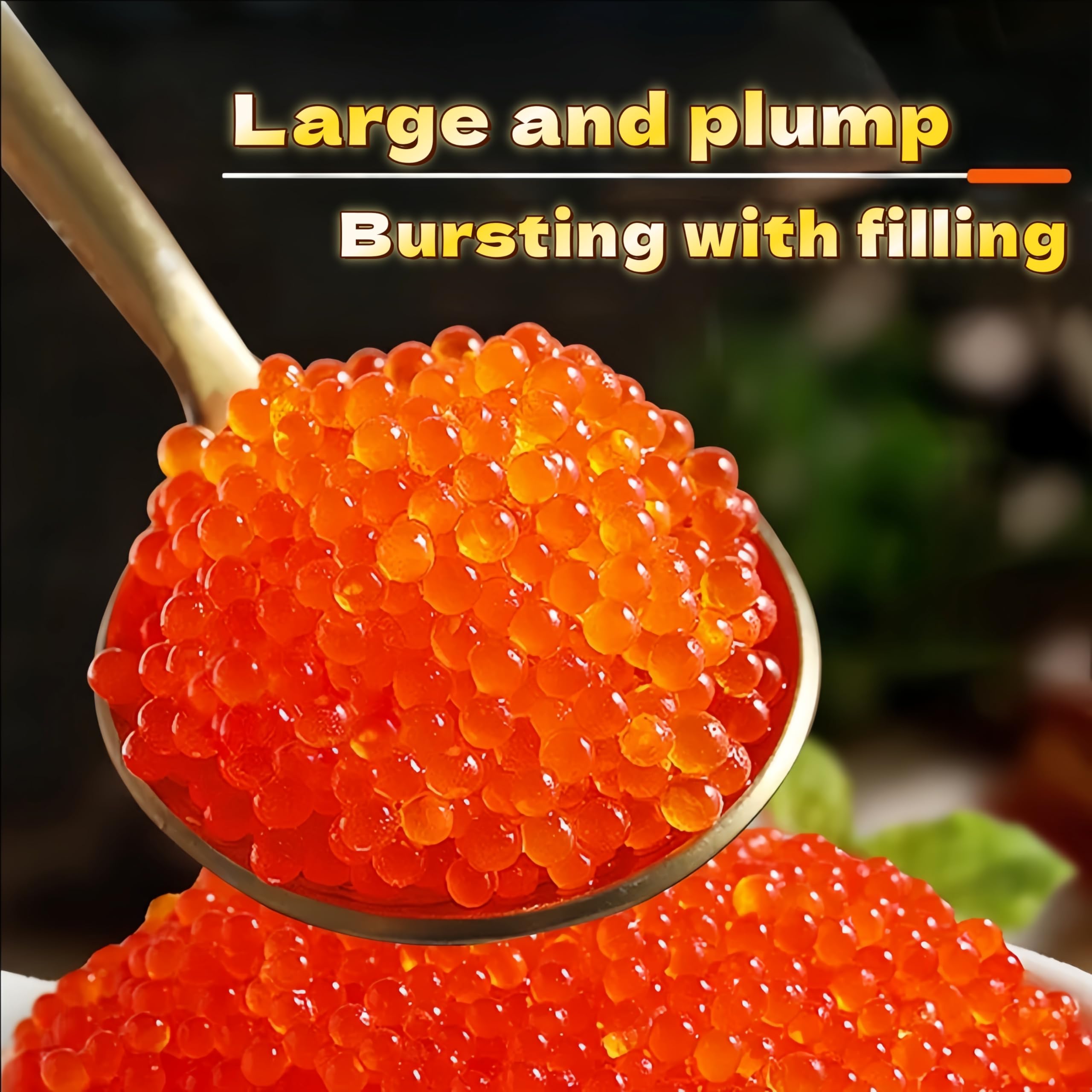 QIXINLIZYY salmon roe on spoon, buttery texture and crisp finish for tasting.