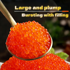 QIXINLIZYY salmon roe on spoon, buttery texture and crisp finish for tasting.