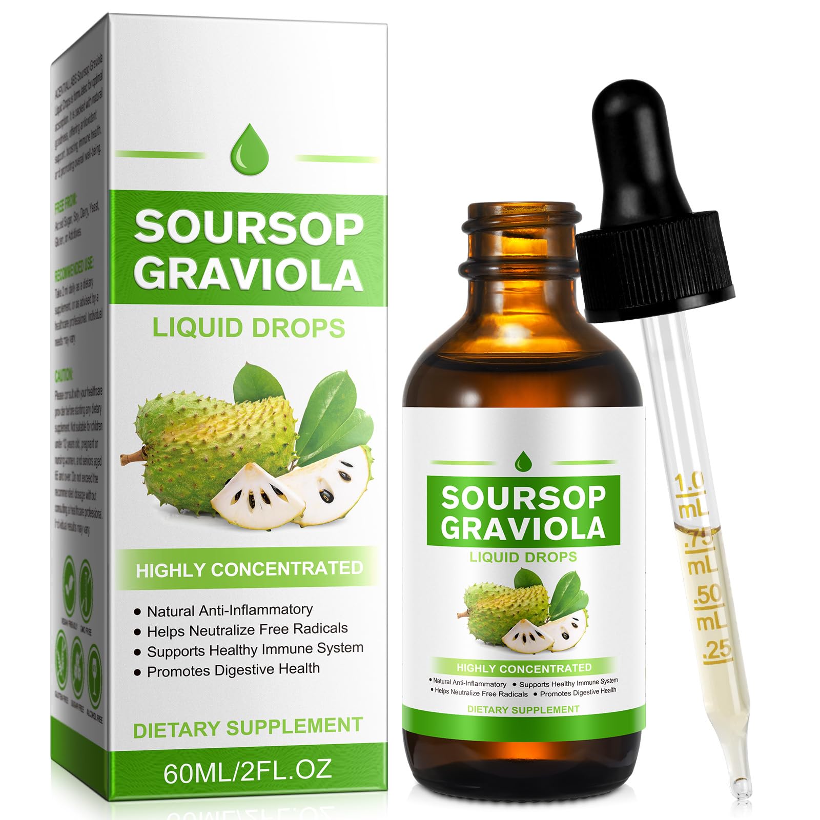 QJCWXIAOX Soursop Liquid Drop bottle shows natural ingredients for immune support.
