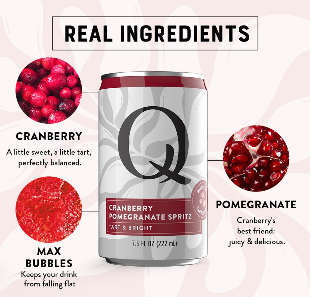 Real cranberry and pomegranate extracts on the label of Q Mixers Spritz.