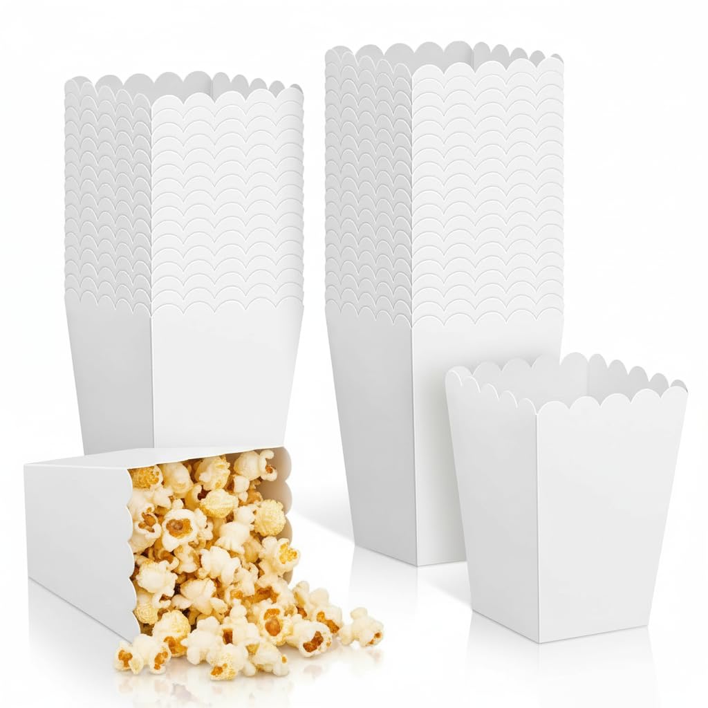 QMNWJMR white mini popcorn boxes flat pack ready for quick setup at events.