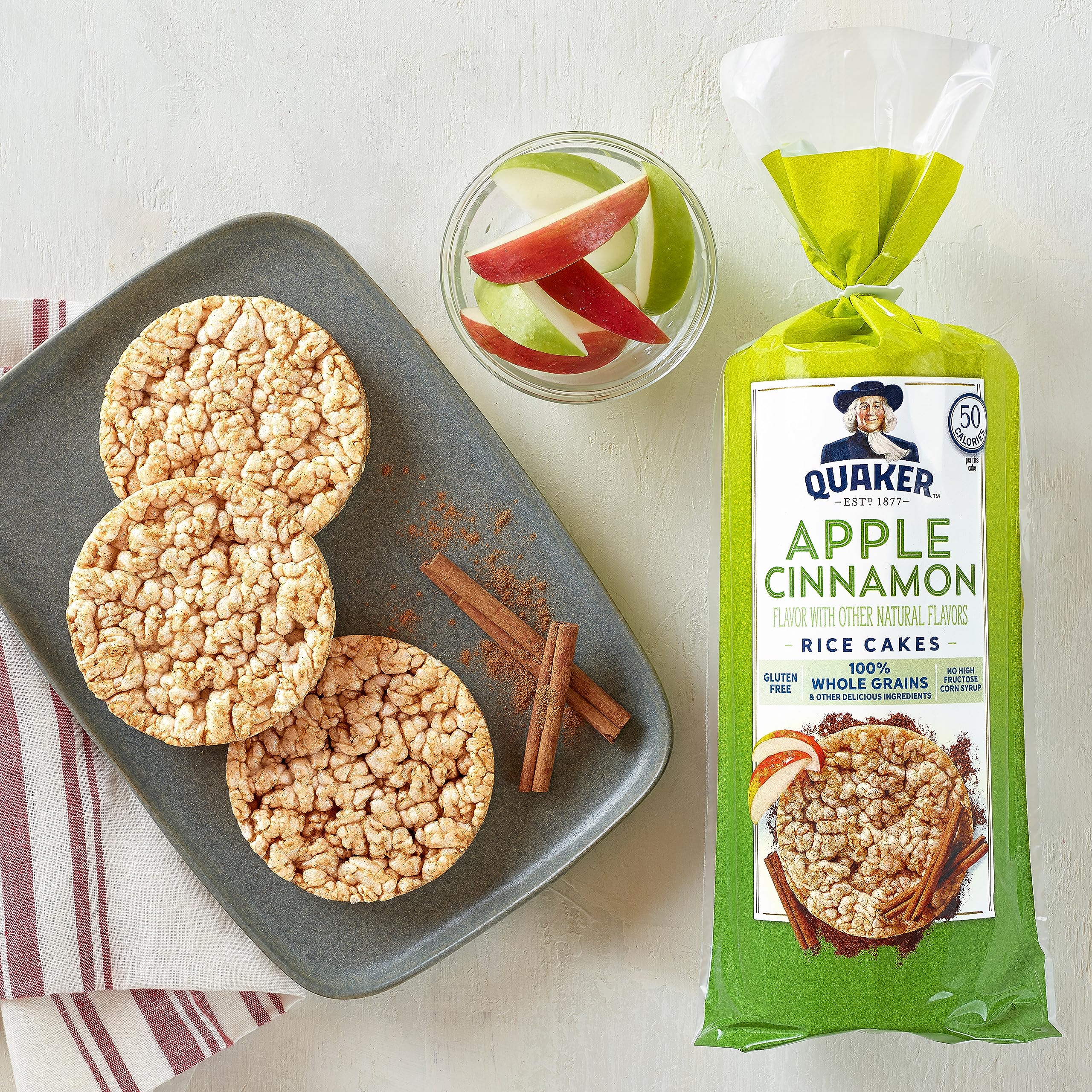 Quaker Apple Cinnamon large rice cake close-up—baked crispiness from whole grains