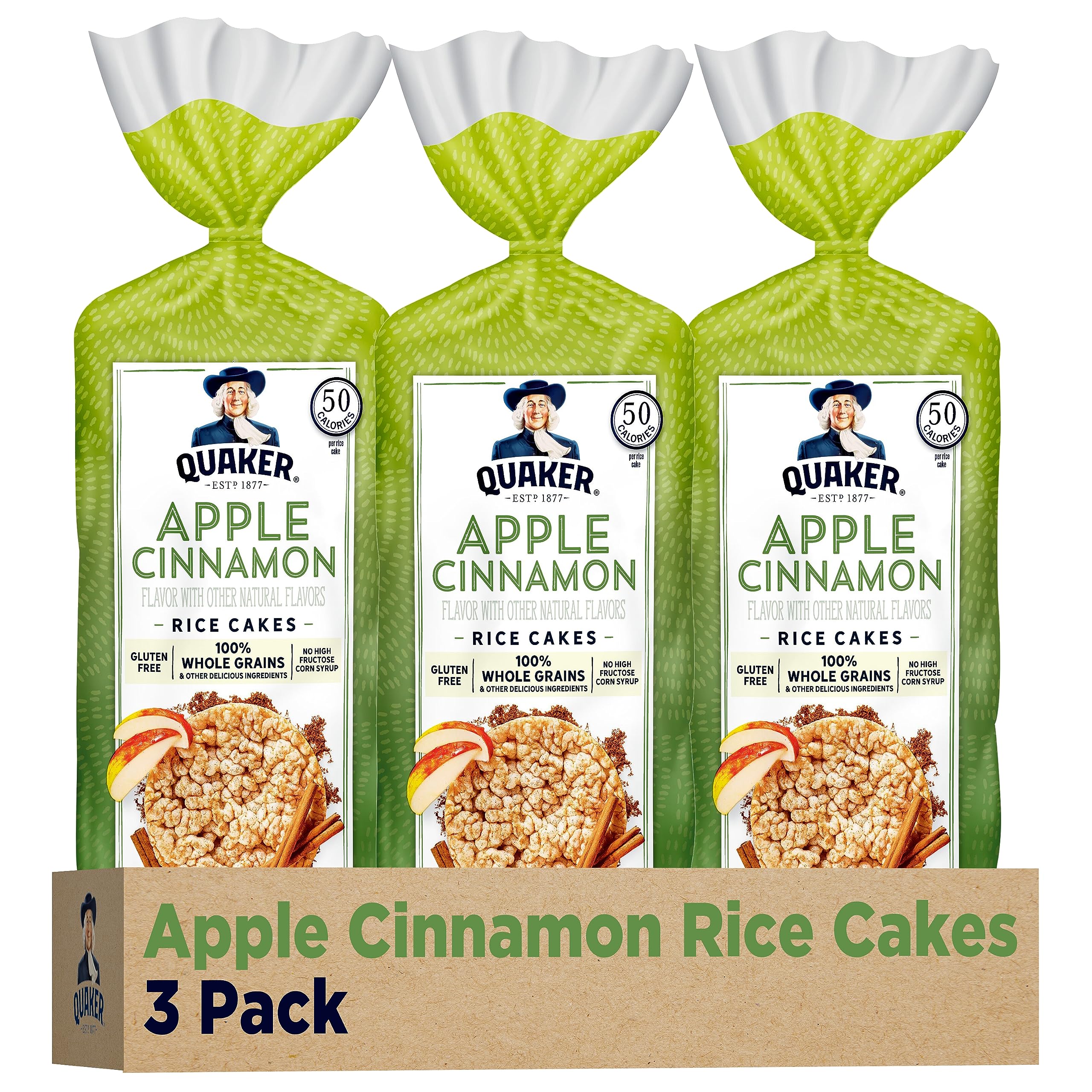 Quaker Apple Cinnamon large rice cake front view—crisp snack option