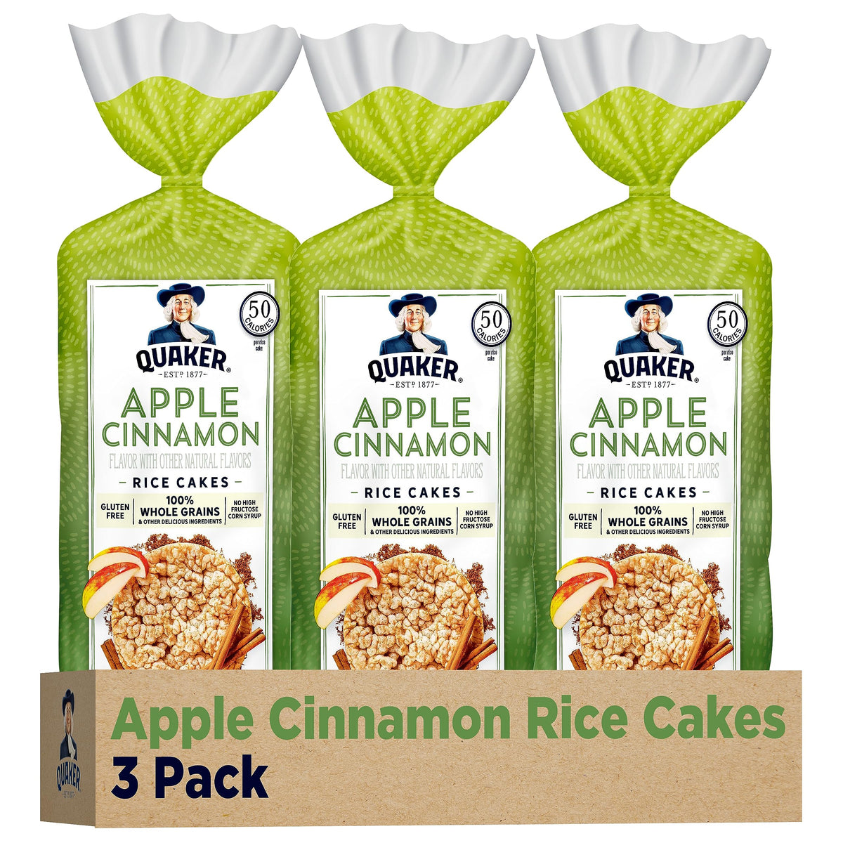 Quaker Apple Cinnamon large rice cake front view—crisp snack option
