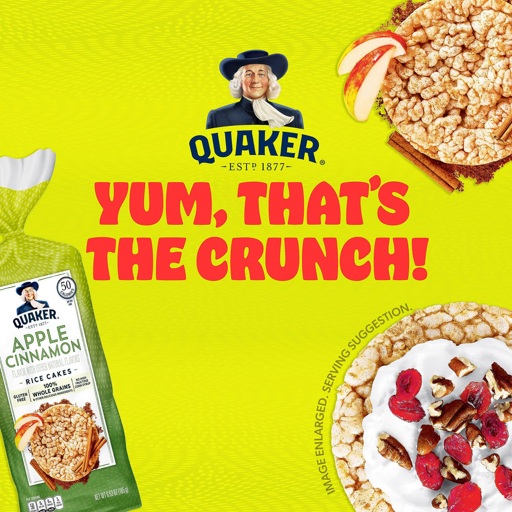Quaker Apple Cinnamon large rice cake plate scene—on-the-go snacking