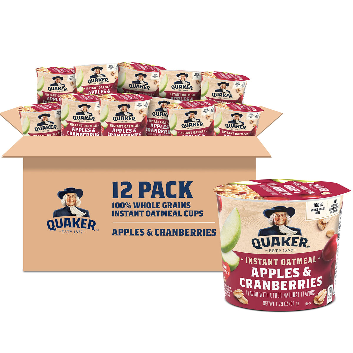 Quaker Apple Cranberry instant oatmeal cup front view for a quick fall breakfast
