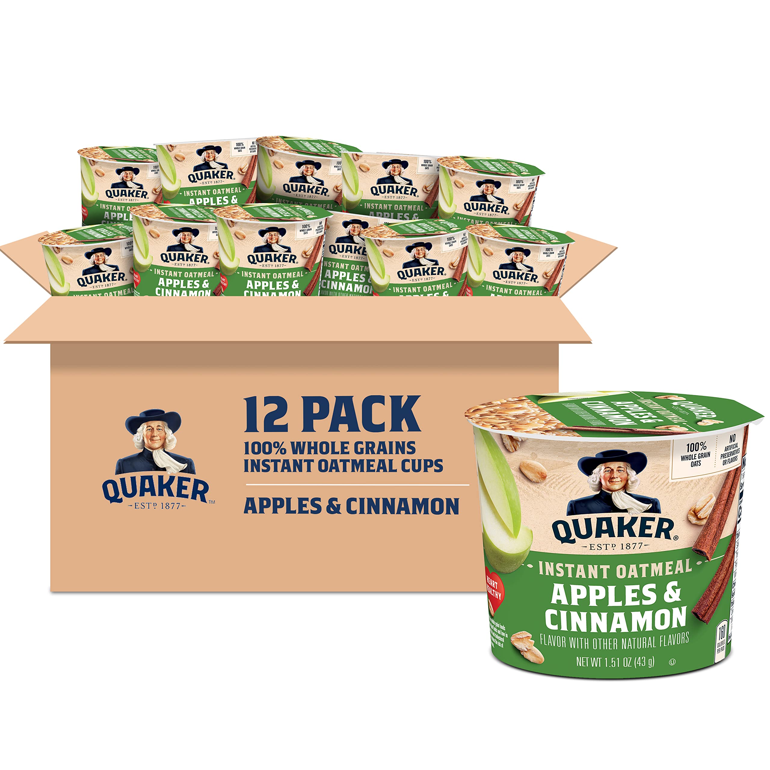 Quaker Apples & Cinnamon Express Cup pack shown, a convenient breakfast option for busy mornings.