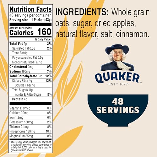 Quaker apples and cinnamon oatmeal bowl highlighting wholesome grains and fiber.