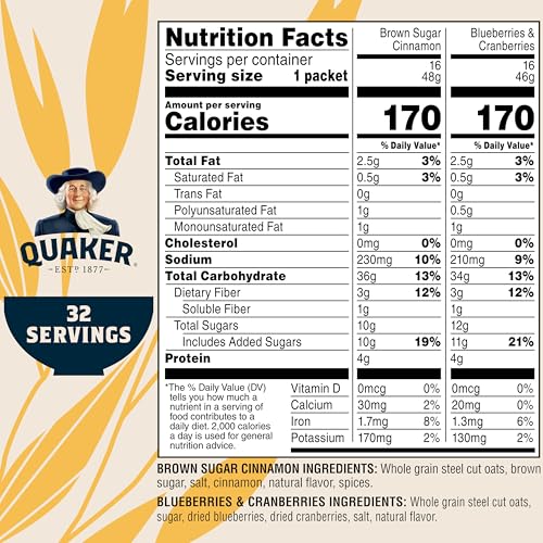 Quaker brown sugar cinnamon packets convenient for a comforting breakfast.