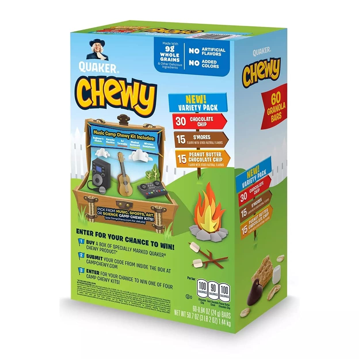 Quaker Camp Chewy packaging closeup highlighting 60-bar supply