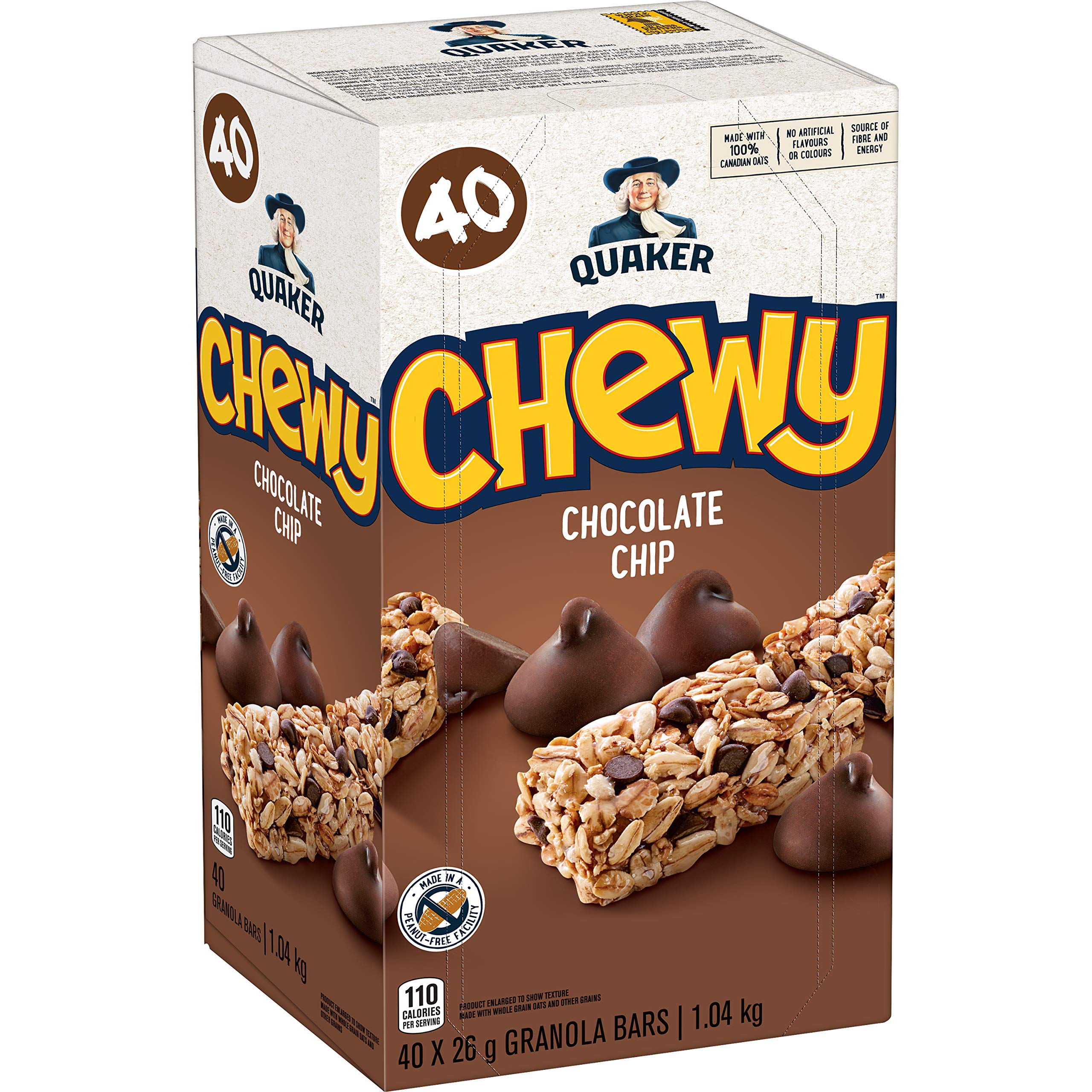 Quaker Chewy Chocolate Chip Granola Bar boxed packaging shown as a peanut-free snack option for lunchboxes