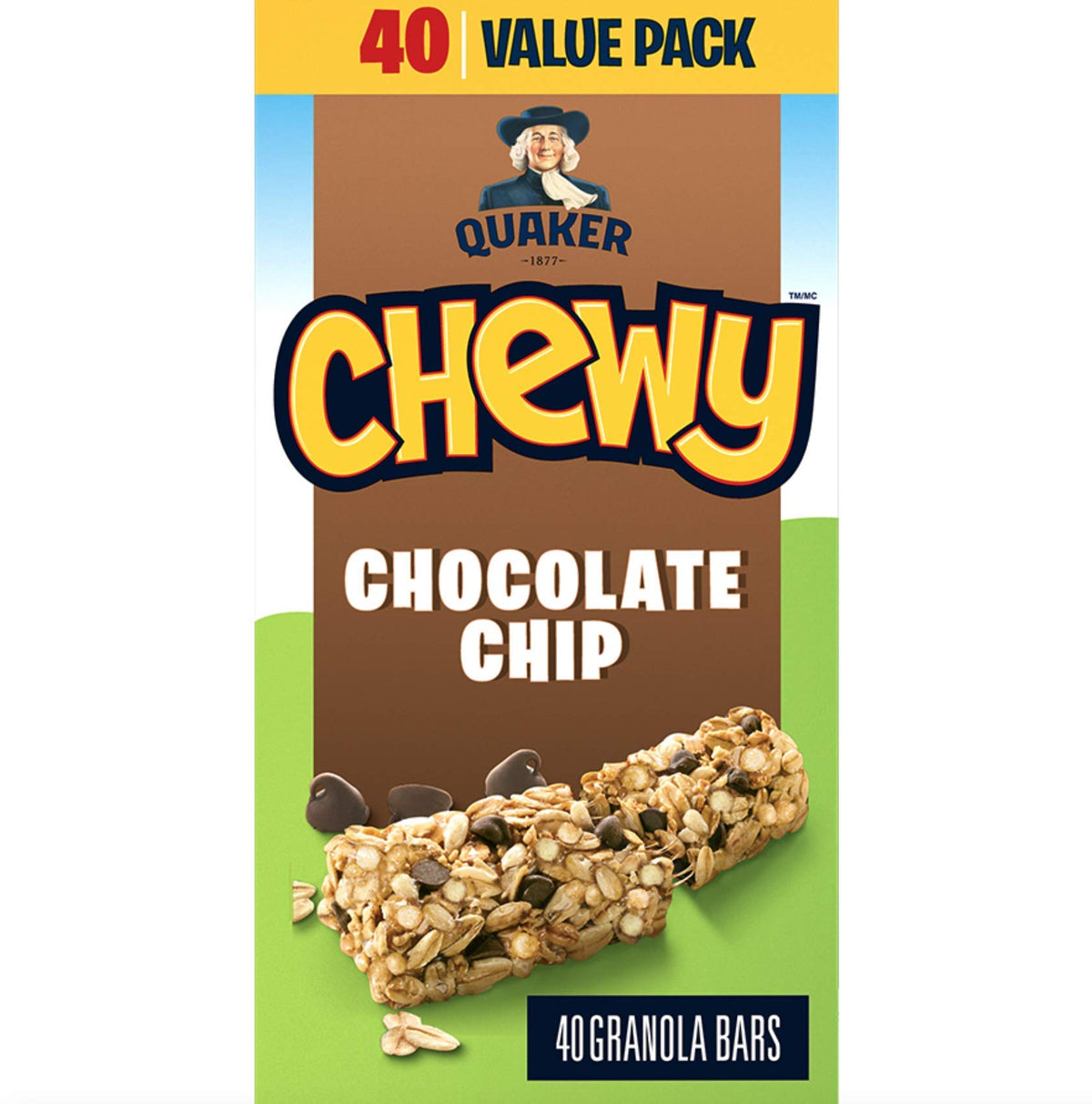 Quaker Chewy Chocolate Chip Granola Bars box packaging, ideal for family snacks.
