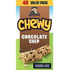 Quaker Chewy Chocolate Chip Granola Bars box packaging, ideal for family snacks.