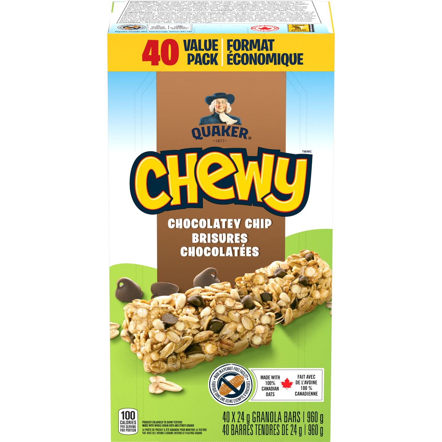 Quaker Chewy Chocolate Chip Granola Bars lunchbox-friendly packaging display.