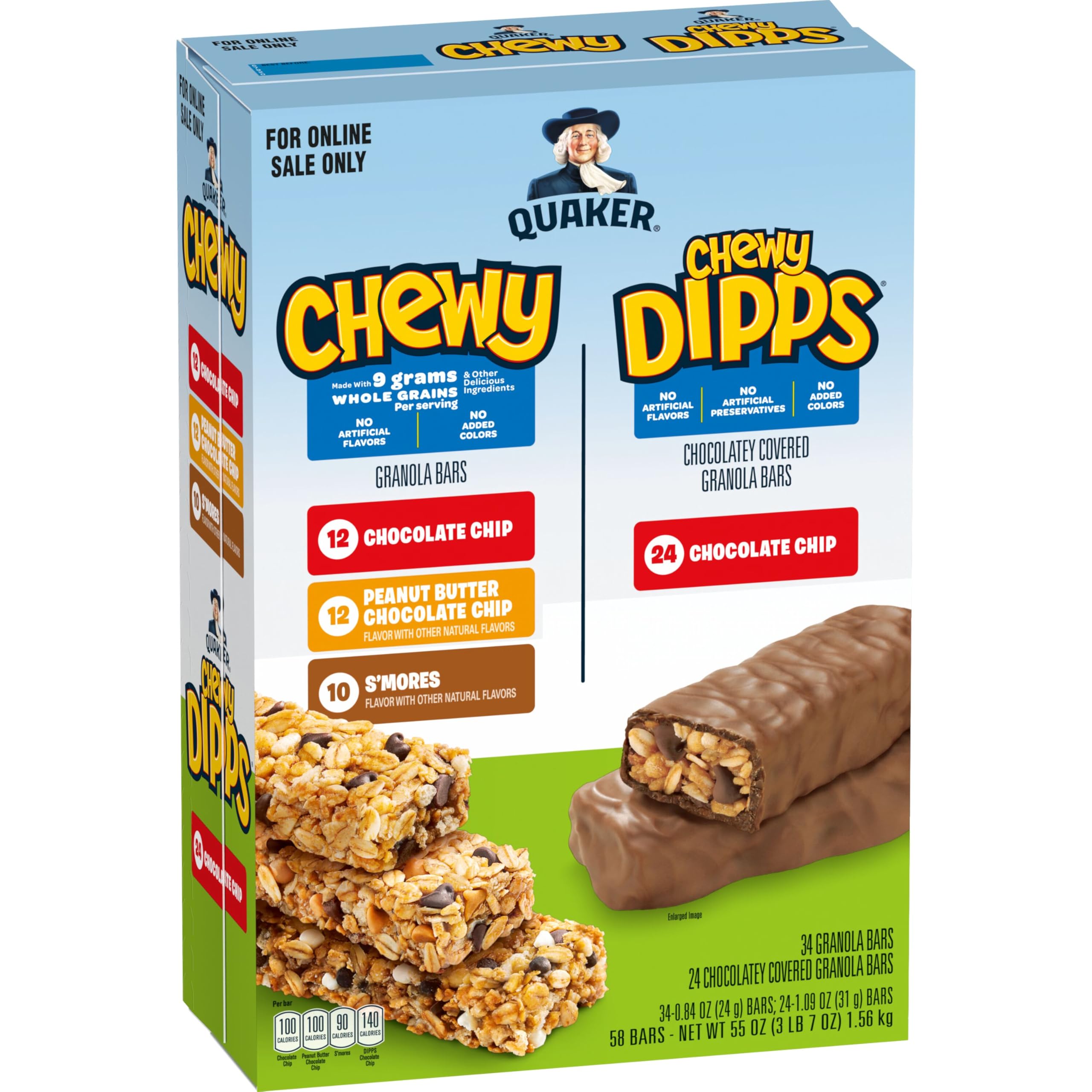 Quaker Chewy Dipps chocolate chip bars in packaging, ideal for on-the-go snacking.