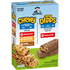 Quaker Chewy Dipps chocolate chip bars in packaging, ideal for on-the-go snacking.