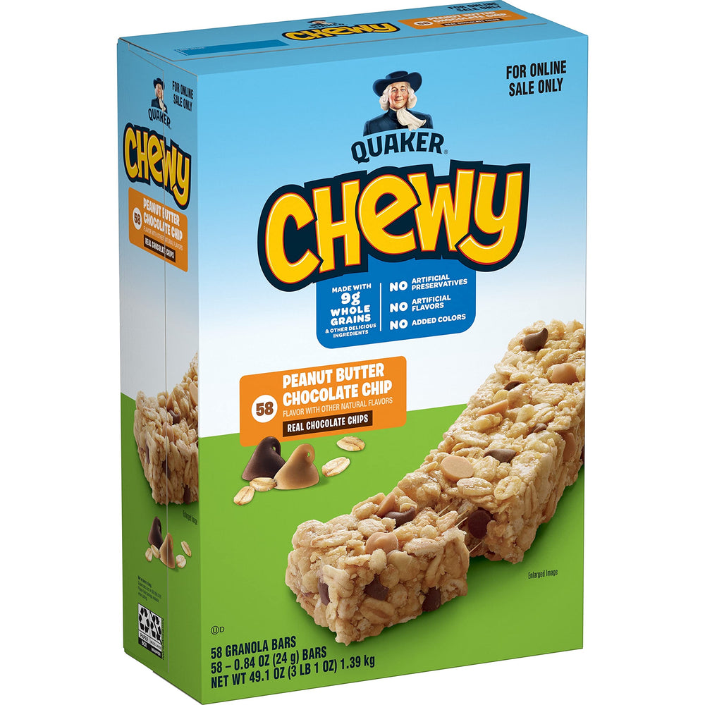Quaker Chewy Granola Bar packaging shows a 58-count box for easy lunch storage.