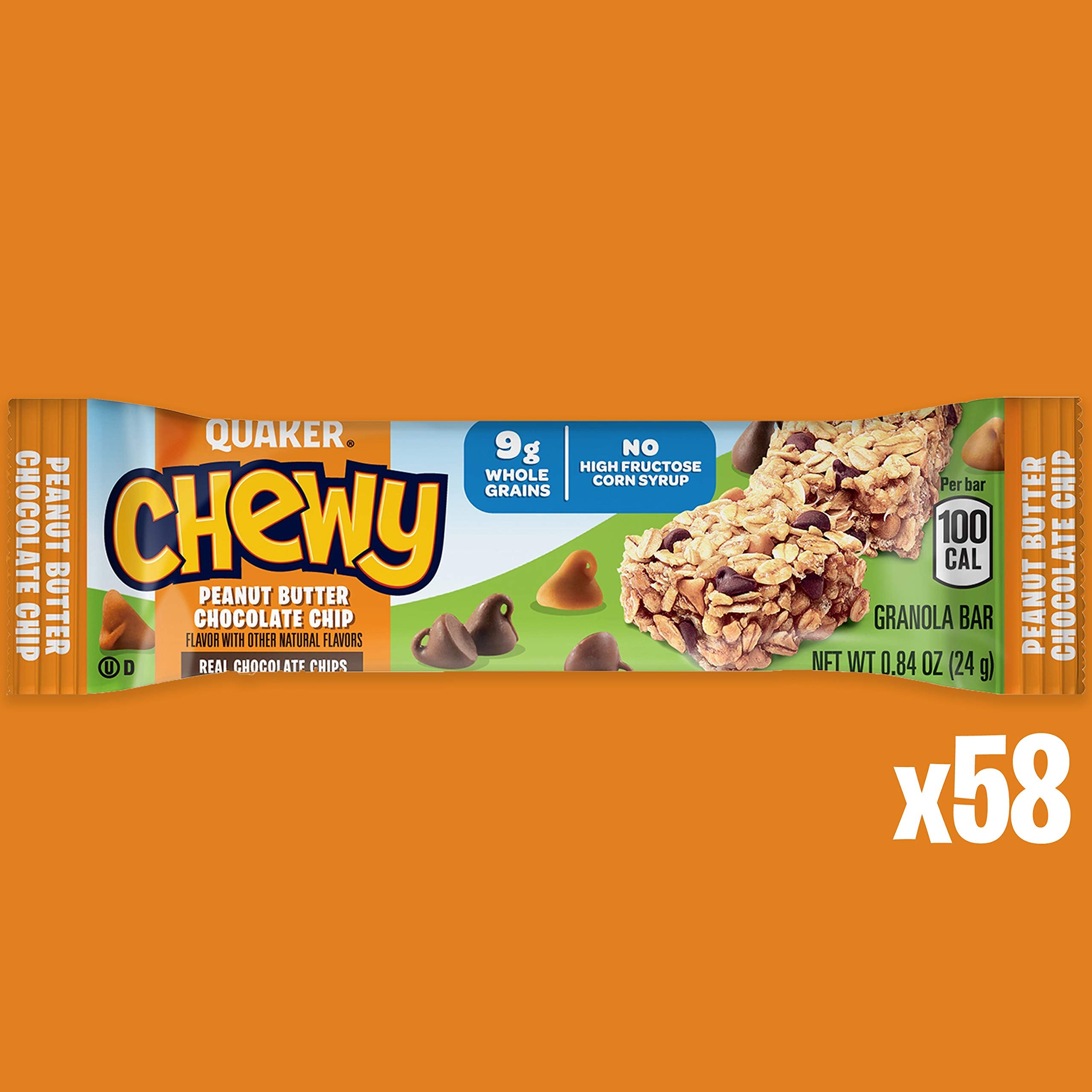 Quaker Chewy Granola Bar whole grains information highlights 9 g per bar.