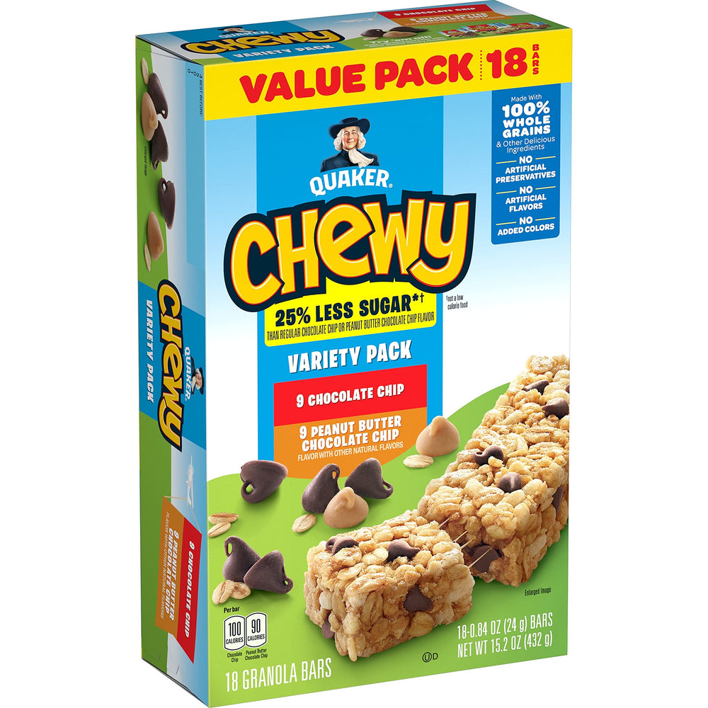 Quaker Chewy Granola Bars 25% Less Sugar packaging for on-the-go snacking
