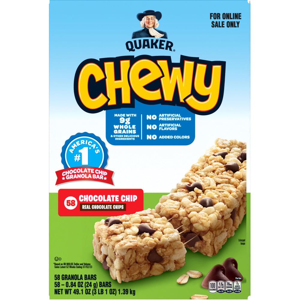 Quaker Chewy Granola Bars Chocolate Chip nutrition facts label for quick snacking