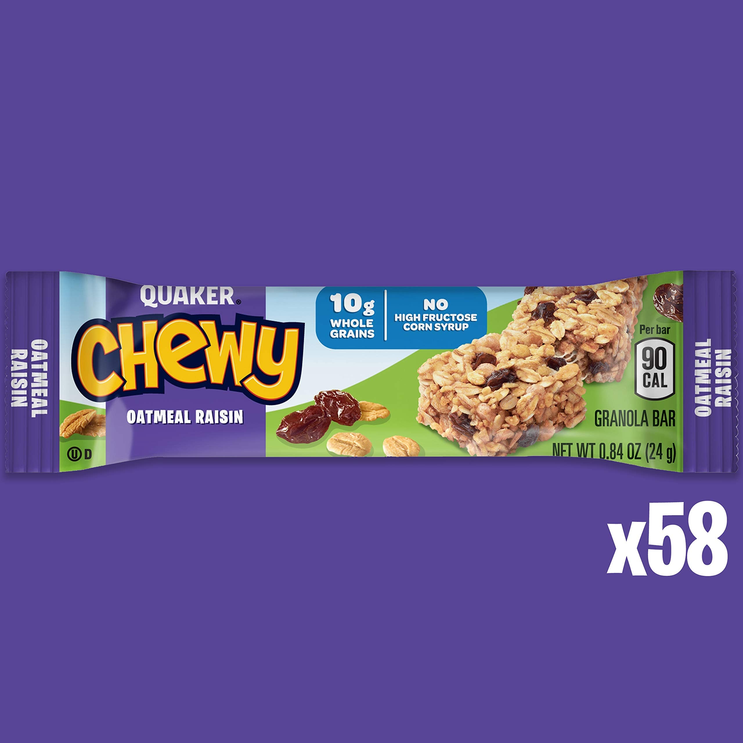 Quaker Chewy Granola Bars Oatmeal Raisin box front emphasizes convenient for lunches