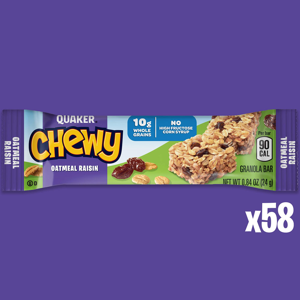 Quaker Chewy Granola Bars Oatmeal Raisin box front emphasizes convenient for lunches