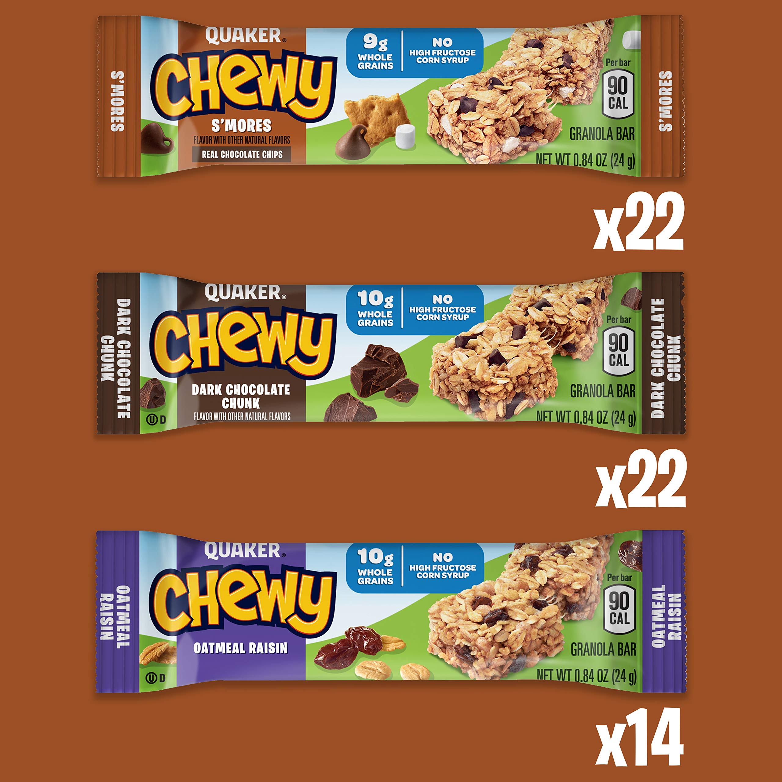 Quaker Chewy Granola Bars Oatmeal Raisin Pack features oats and raisins for kid-friendly energy.