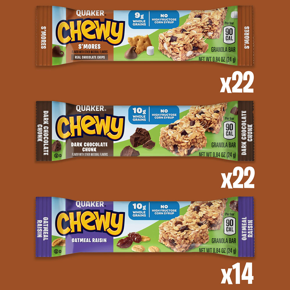 Quaker Chewy Granola Bars Oatmeal Raisin Pack features oats and raisins for kid-friendly energy.