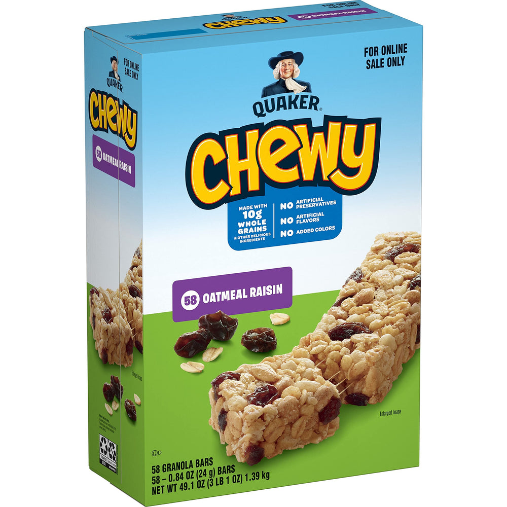Quaker Chewy Granola Bars Oatmeal Raisin packaging shows 58-bar box for pantry display