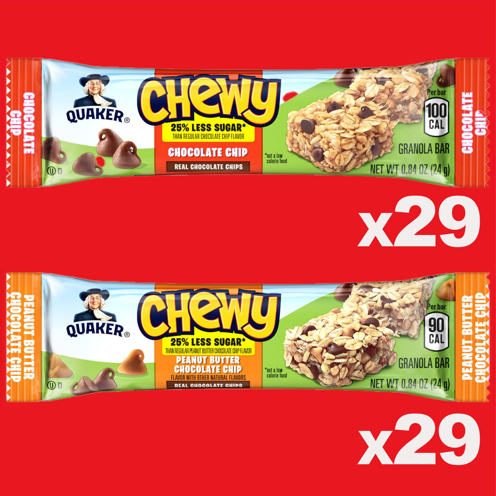Quaker Chewy granola bars close-up highlighting 100% whole grains.