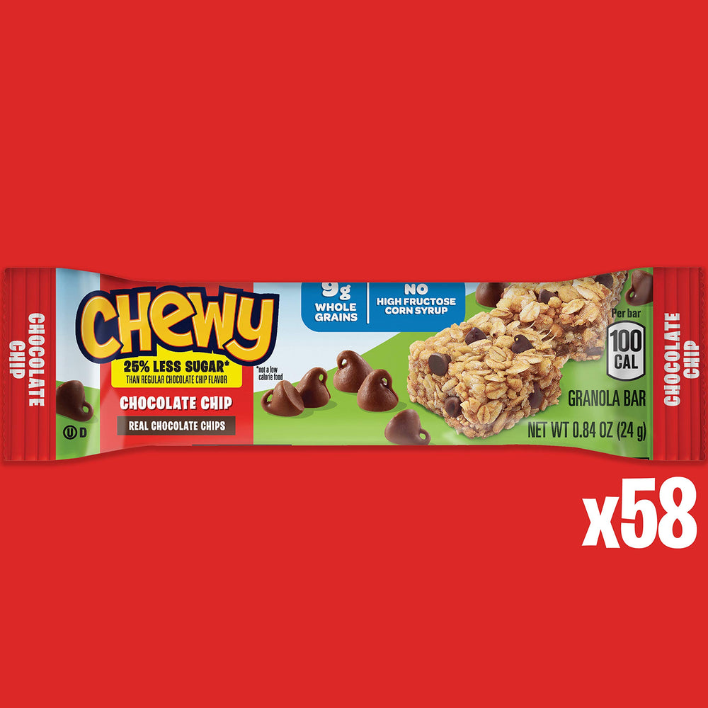 Quaker Chewy Lower Sugar Granola Bar close-up reveals real chocolate for quick energy