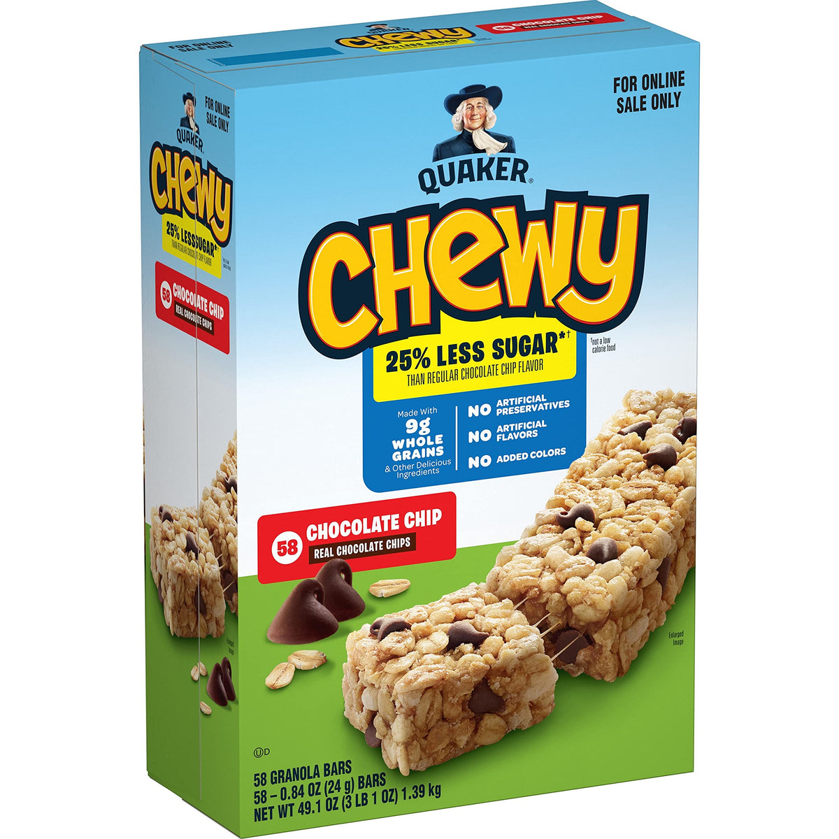 Quaker Chewy Lower Sugar Granola Bar packaging featuring Chocolate Chip and 25% less sugar