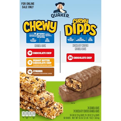 Quaker Chewy Peanut Butter Chocolate Chip bars, satisfying snack option.