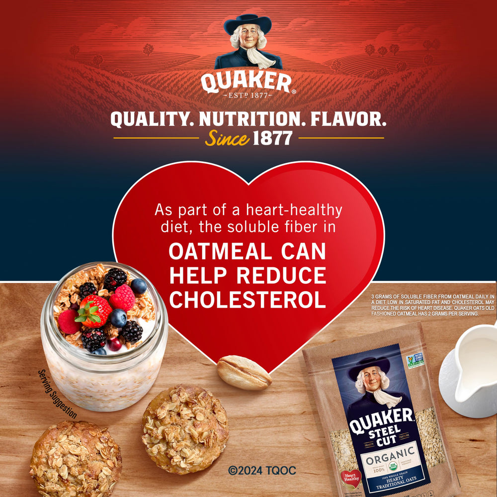 Quaker cooked oats in a bowl with fruit and nuts for a wholesome breakfast.