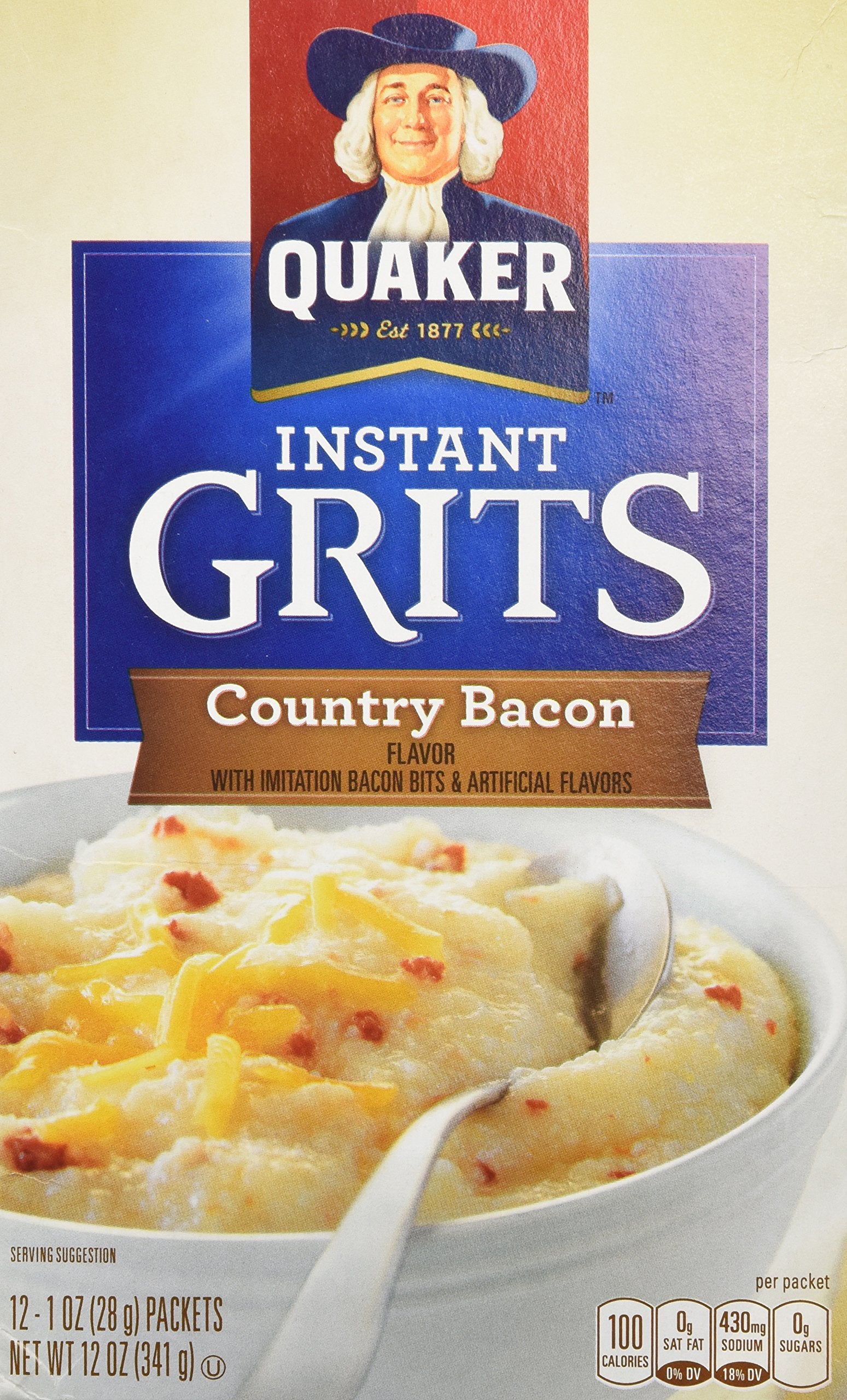 Quaker Country Bacon Flavor Instant Grits pack shot showing convenient packaging