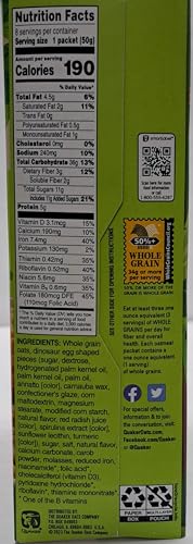 Quaker Dinosaur Eggs Oatmeal box side-view, convenient packaging for families.