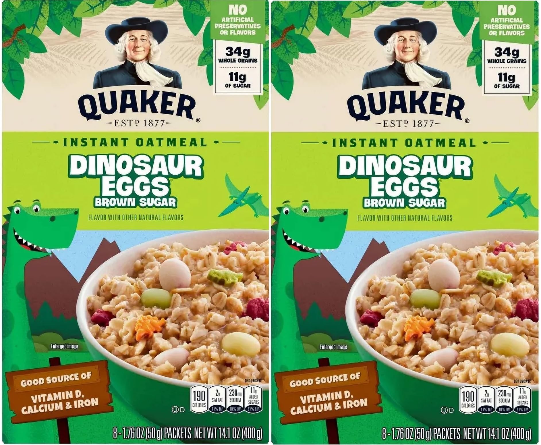 Quaker Dinosaur Eggs Oatmeal box front, quick breakfast option with brown sugar flavor.