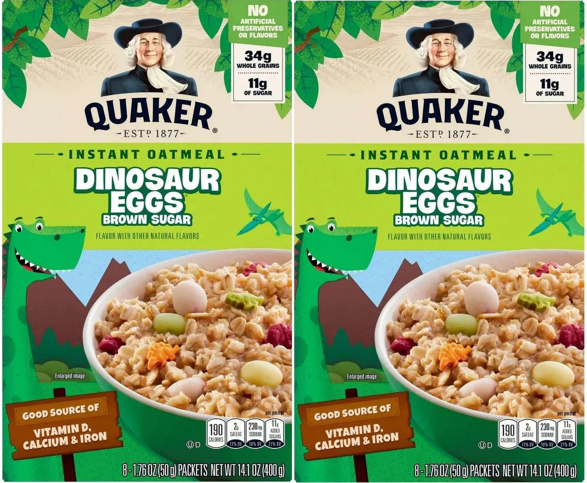 Quaker Dinosaur Eggs Oatmeal box front, quick breakfast option with brown sugar flavor.