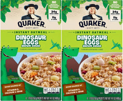 Quaker Dinosaur Eggs Oatmeal box front, quick breakfast option with brown sugar flavor.