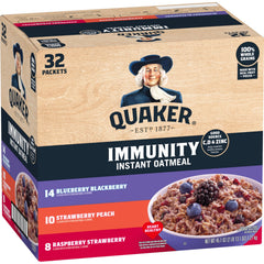 Quaker Immunity Instant Oatmeal Strawberry Peach packets for quick, vitamin-rich breakfast on the go.