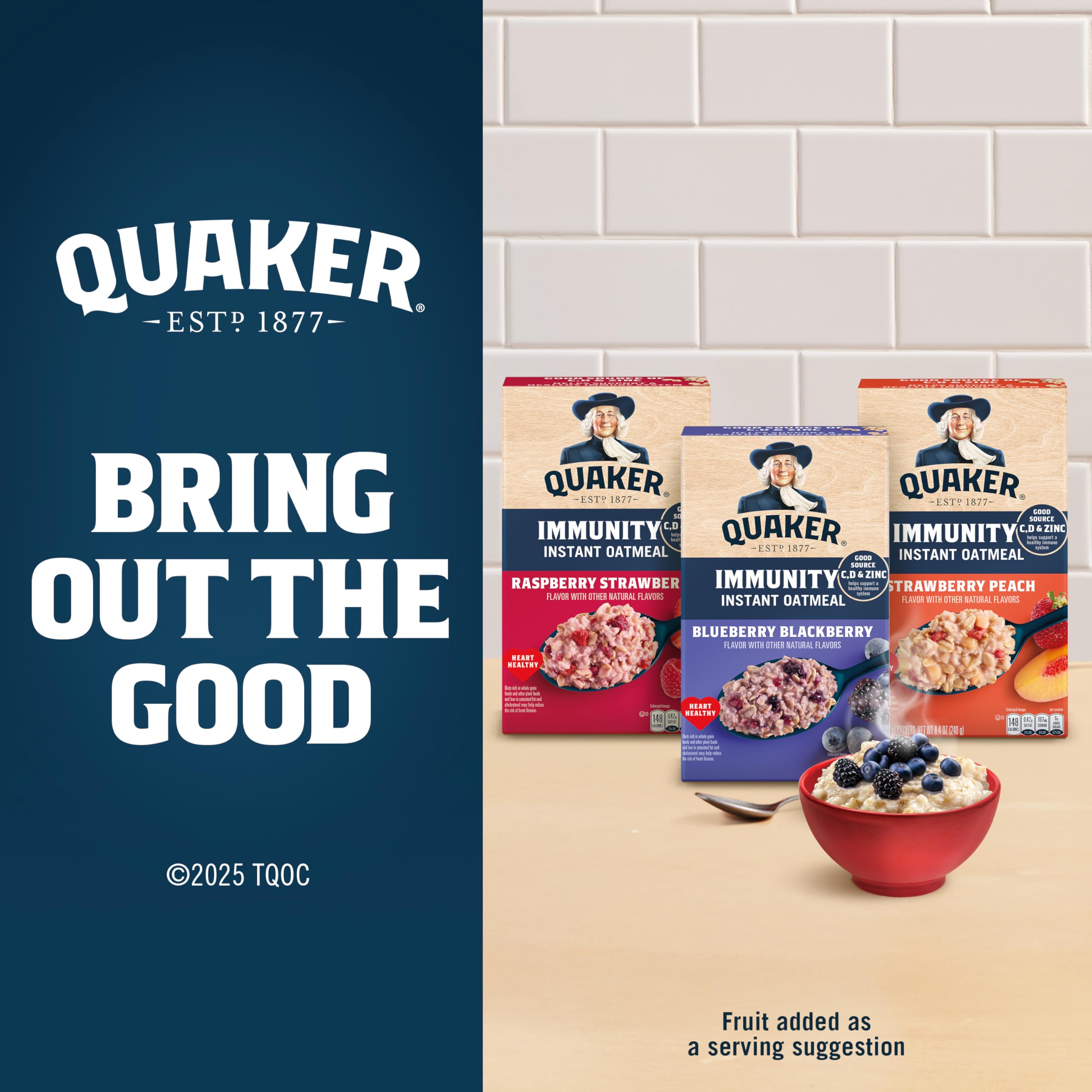 Quaker Immunity Instant Oatmeal Whole grains with fruit pieces ready in minutes.