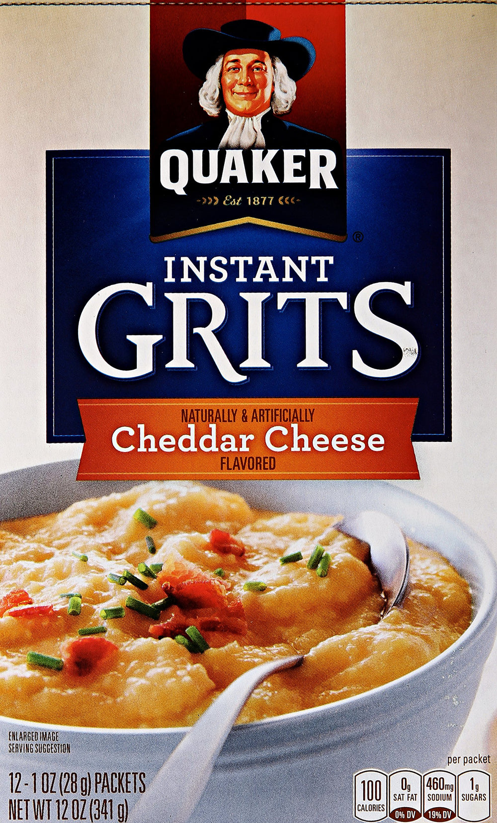 Quaker Instant Grits Cheddar Cheese package on counter for quick, hearty breakfast.