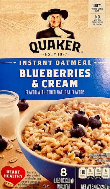 Quaker Instant Oatmeal Blueberries & Cream pack front — quick, wholesome breakfast option.
