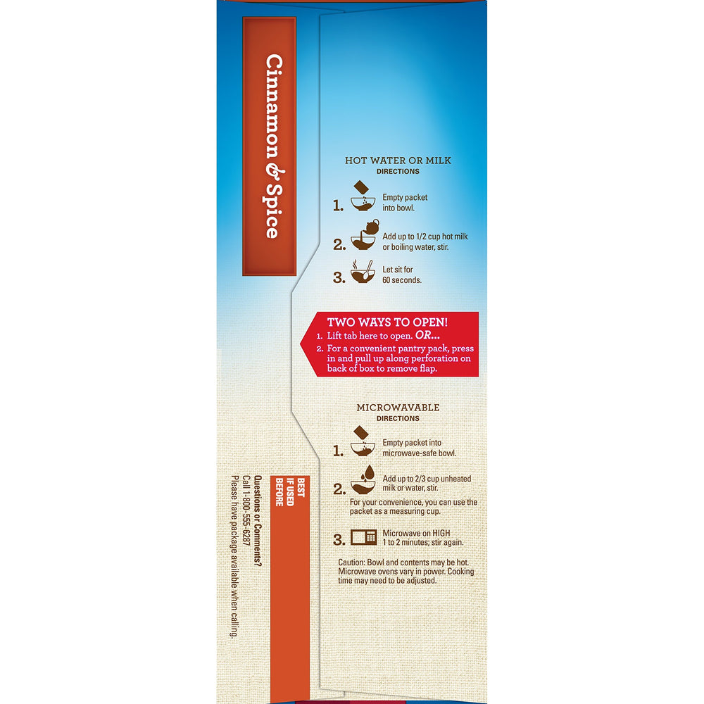 Nutrition panel of Quaker Cinnamon & Spice oatmeal highlighting key nutrients.
