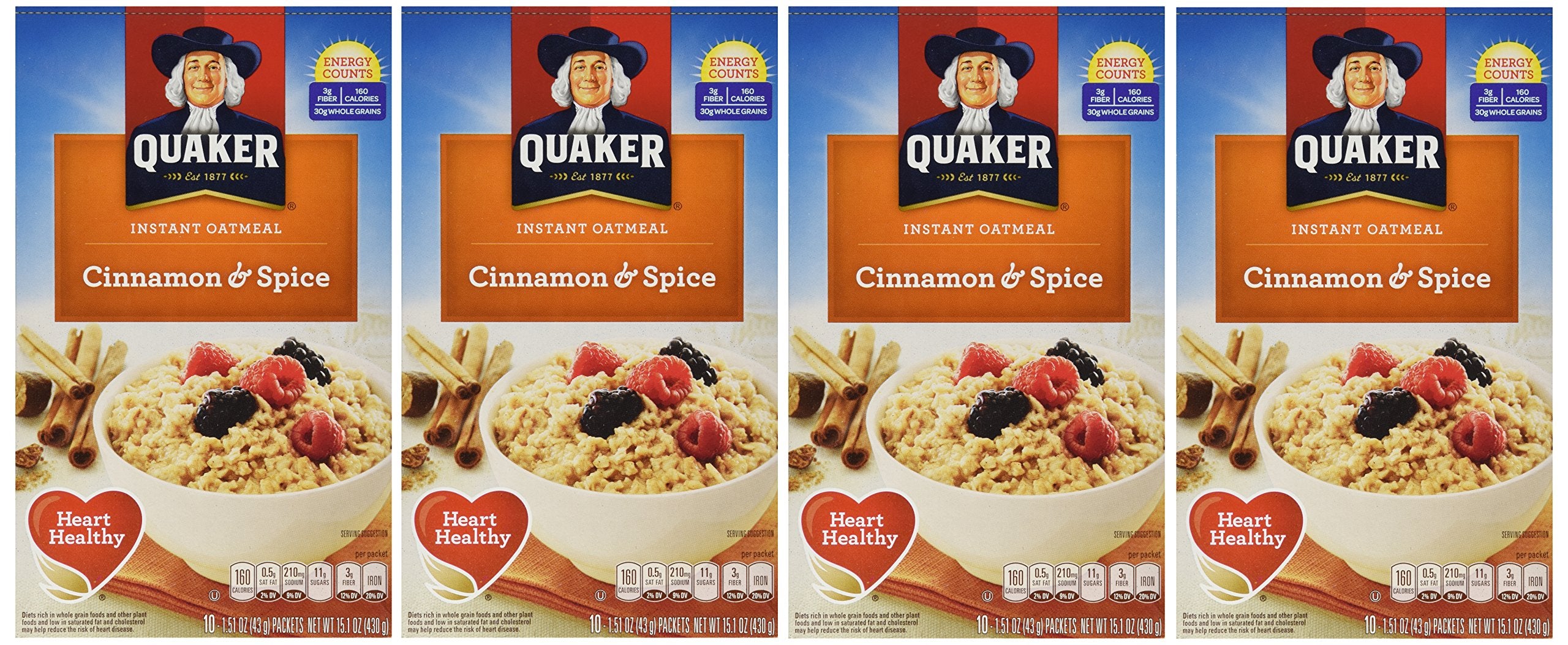 Quaker Instant Oatmeal Cinnamon & Spice packaging ready for quick breakfasts at home.