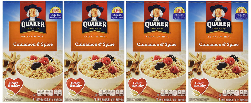 Quaker Instant Oatmeal Cinnamon & Spice packaging ready for quick breakfasts at home.