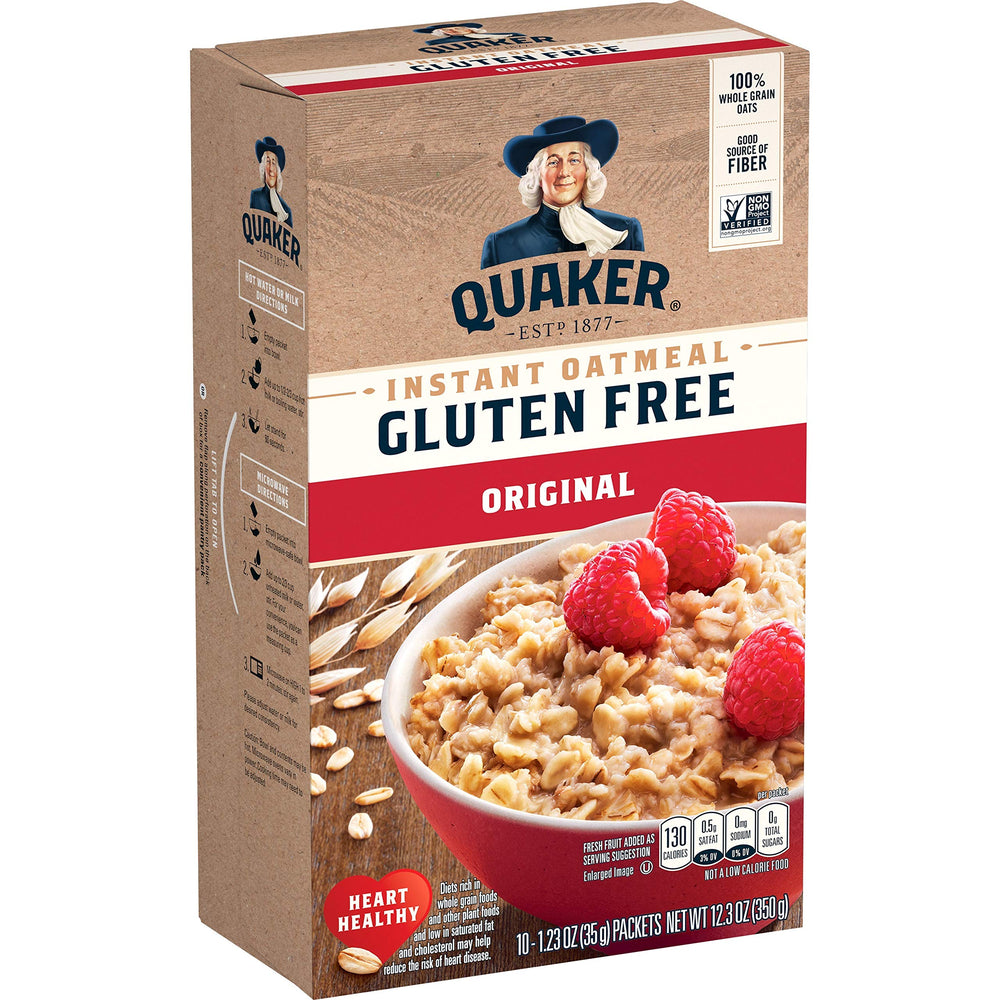 Quaker Gluten Free Instant Oatmeal Original packaging highlights convenient gluten-free oats for busy mornings.